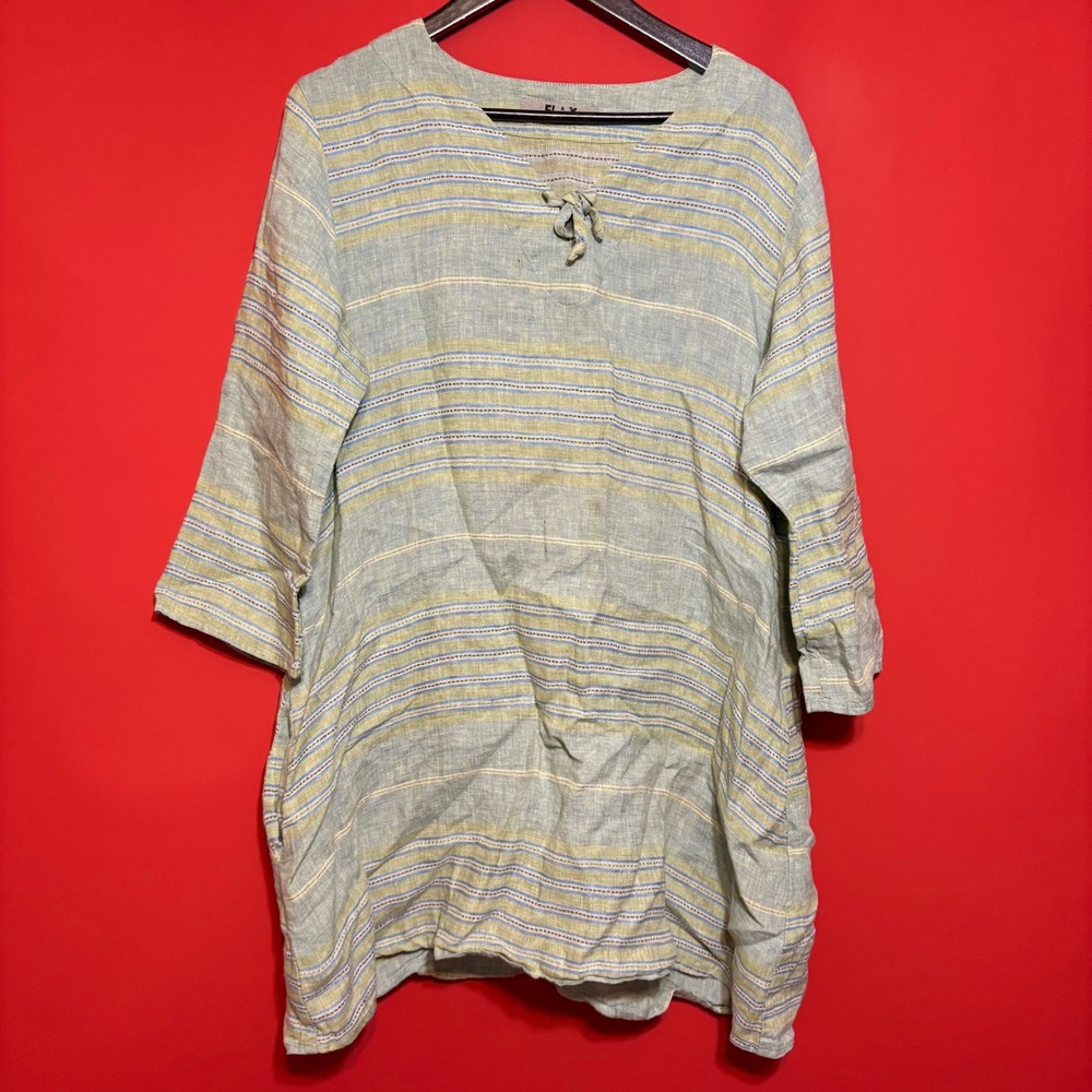FLAX Striped Linen Tunic Top Blue Green Casual‎ Bohemian Comfortable Medium